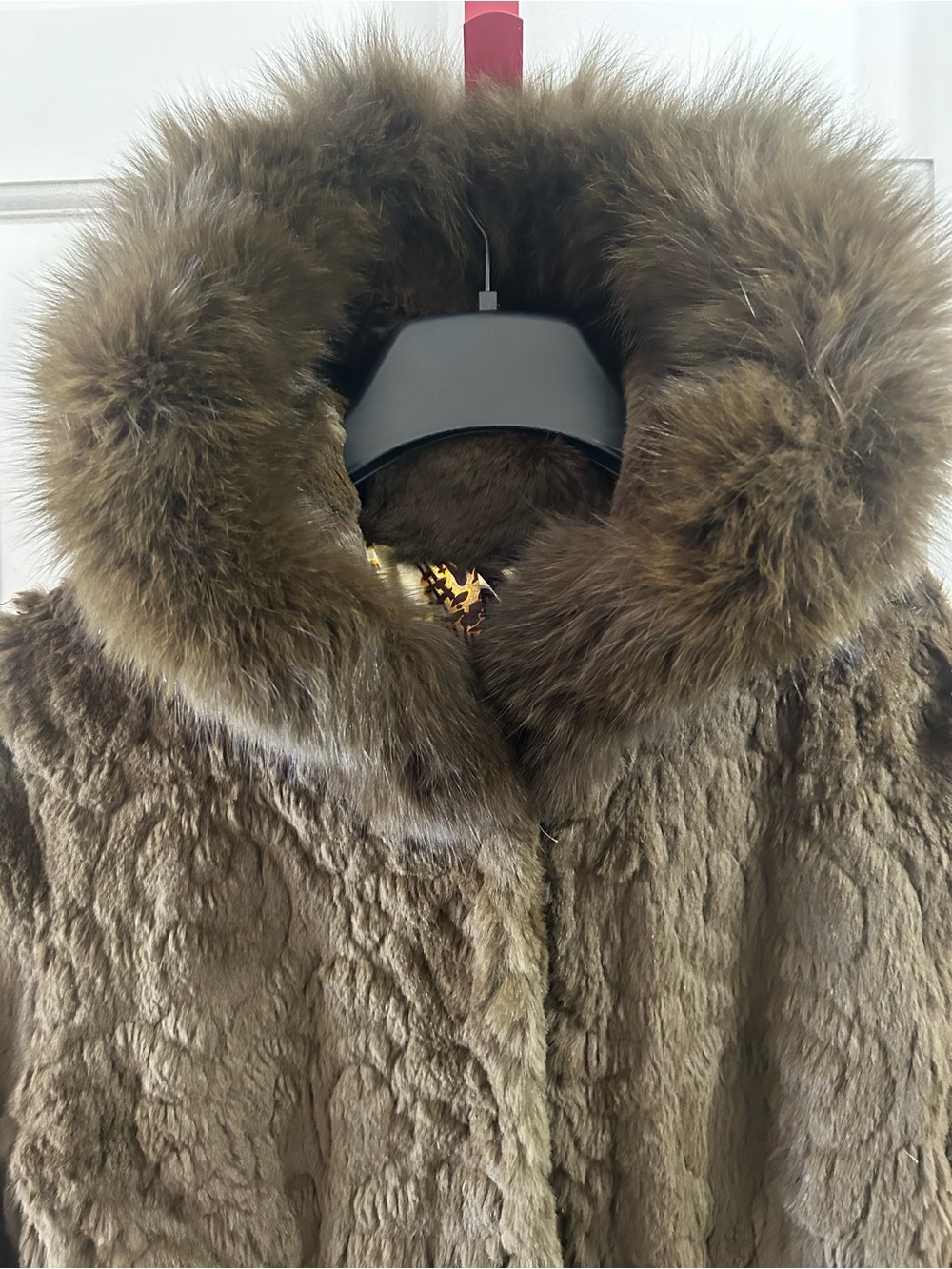 Olive Green Rabbit Fur Coat Genuine Fox Fur Hood Collar M/L - Picture 3 of 11